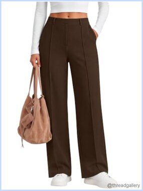 Women's Business Casual Straight Leg Fleece Dress Pants Pull On High Rise